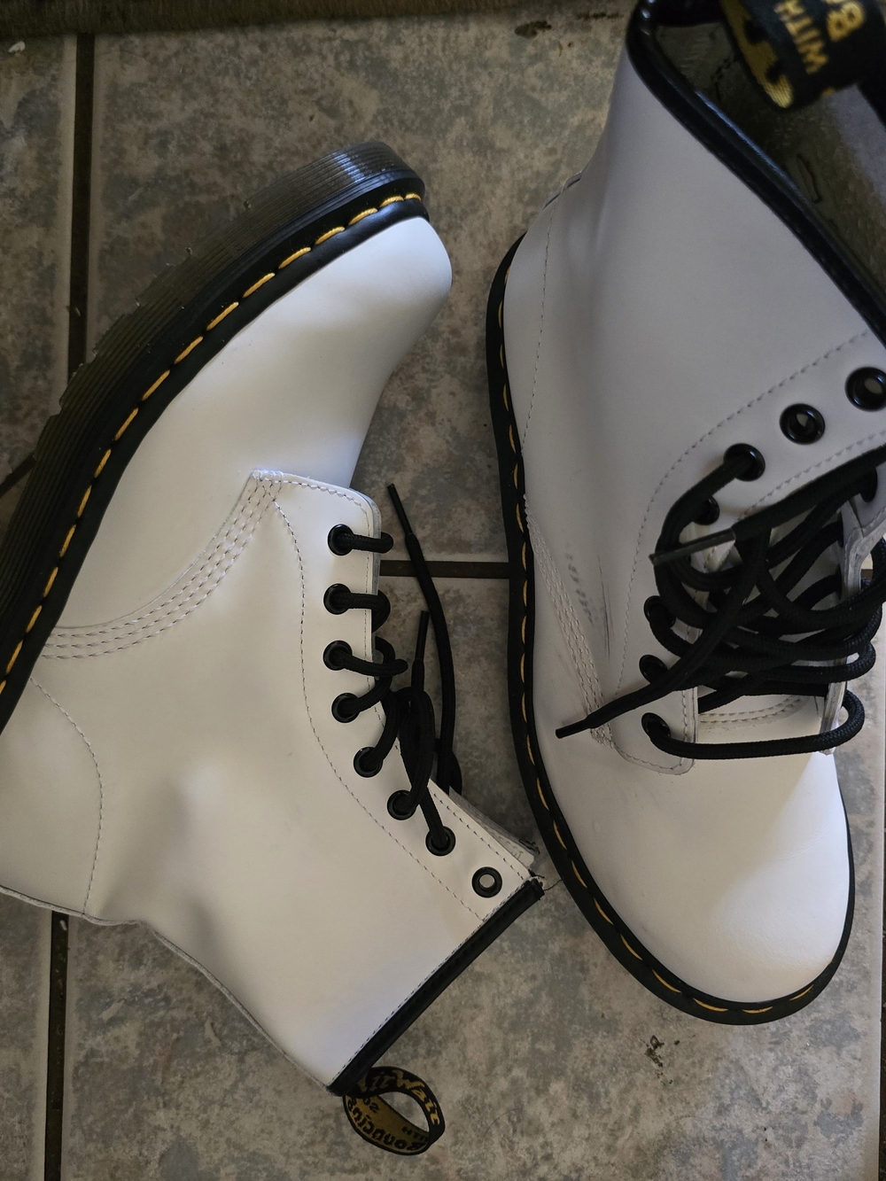Dr. Martens White Lace-Up Combat Boots with Black Laces and Yellow Stitching